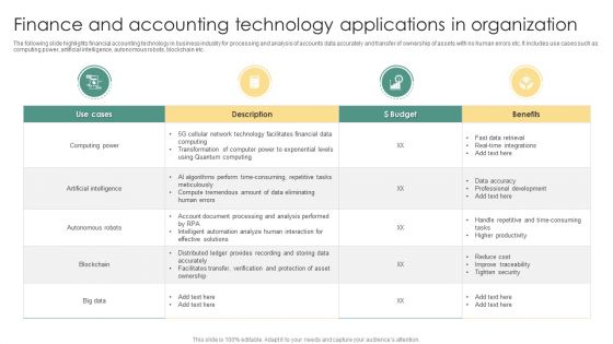 Finance And Accounting Technology Applications In Organization Formats PDF