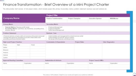 Finance Transformation Brief Overview Of A Mini Project Charter Ideas PDF