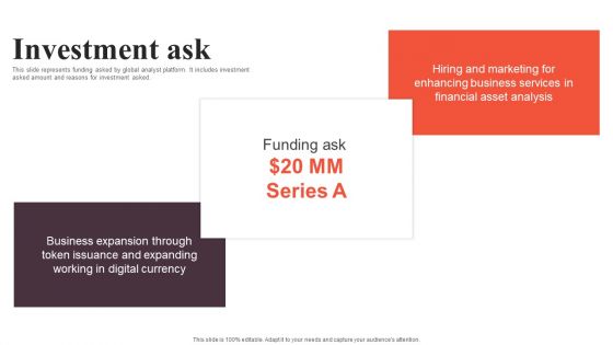 Financial Analytics Solution Investor Funding Elevator Pitch Deck Investment Ask Designs PDF