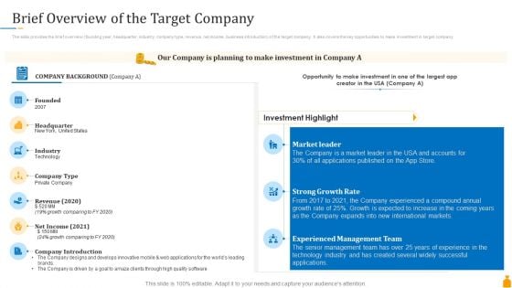 Financial Banking PPT Brief Overview Of The Target Company Ppt Professional Master Slide