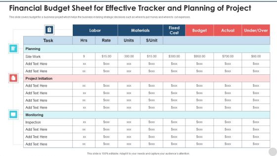 Financial Budget Sheet For Effective Tracker And Planning Of Project Infographics PDF