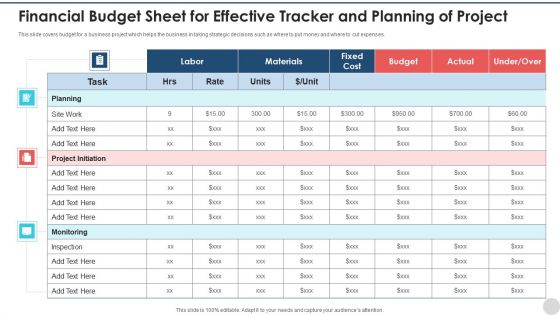 Financial Budget Sheet For Effective Tracker And Planning Of Project Infographics PDF Financial Budget Sheet For Effective Tracker And Planning Of Project Infographics PDF