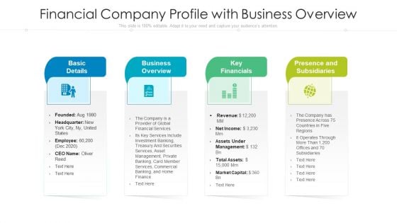 Financial Company Profile With Business Overview Ppt Good PDF