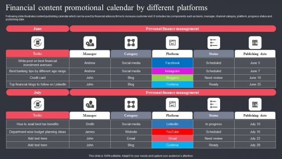 Financial Content Promotional Calendar By Different Platforms Microsoft PDF