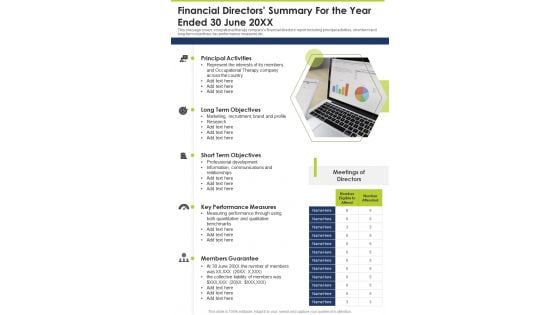 Financial Directors Summary For The Year Ended 30 June 20XX One Pager Documents