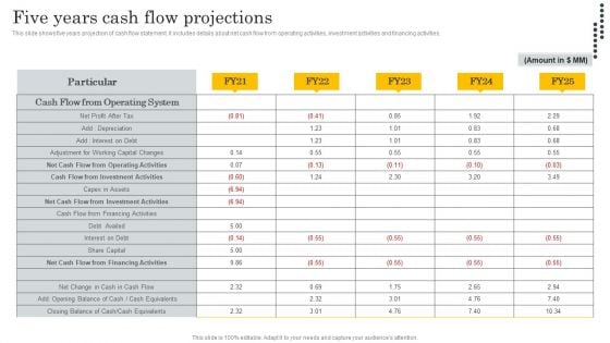 Financial Evaluation Report Five Years Cash Flow Projections Themes PDF