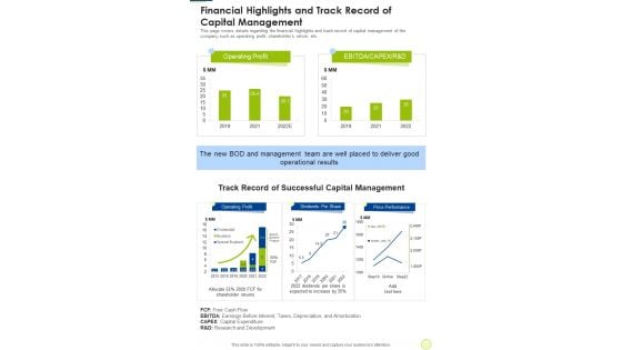 Financial Highlights And Track Record Of Capital Management One Pager Documents