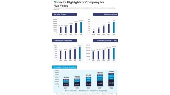 Financial Highlights Of Company For Five Years Template 195 One Pager Documents