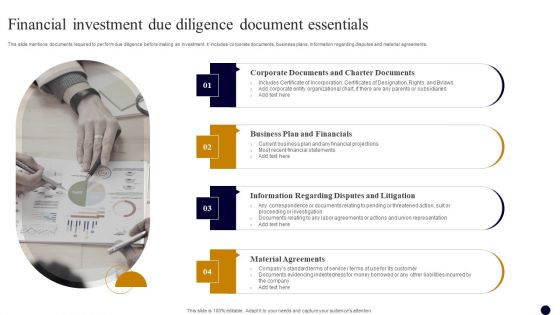 Financial Investment Due Diligence Document Essentials Icons PDF