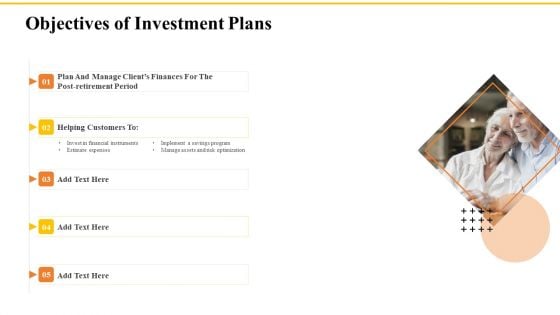 Financial Plans For Retirement Planning Objectives Of Investment Plans Ppt Summary Gallery PDF