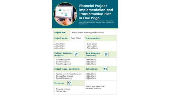 Financial Project Implementation And Transformation Plan In One Page PDF Document PPT Template