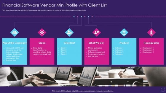 Financial Software Vendor Mini Profile With Client List Digital Transformation Toolkit Accounting Finance Mockup PDF