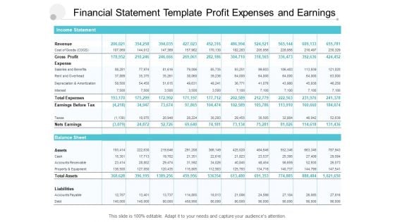 Financial Statement Template Profit Expenses And Earnings Ppt PowerPoint Presentation Model Inspiration