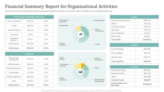 Financial Summary Report For Organizational Activities Ppt Summary Graphics Template PDF