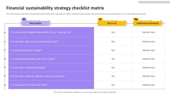 Financial Sustainability Strategy Checklist Matrix Clipart PDF