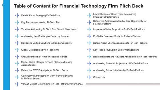 Financial Technology Firm Table Of Content For Financial Technology Firm Pitch Deck Demonstration PDF Financial Technology Firm Table Of Content For Financial Technology Firm Pitch Deck Demonstration PDF