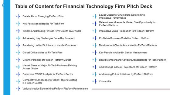 Financial Technology Firm Table Of Content For Financial Technology Firm Pitch Deck Demonstration PDF