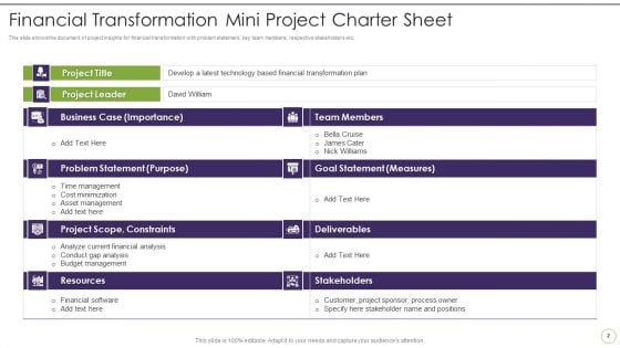 Financial Transformation Small Project Charter Sheet Ppt PowerPoint Presentation Complete Deck With Slides