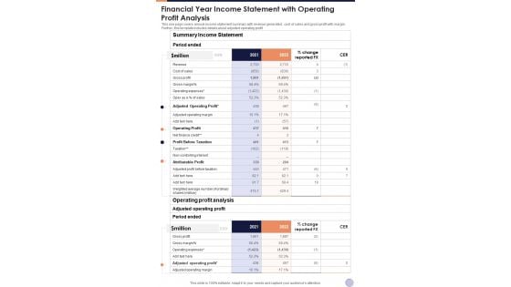 Financial Year Income Statement With Operating Profit Analysis One Pager Documents