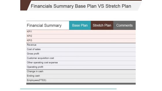 Financials Summary Base Plan Vs Stretch Plan Ppt PowerPoint Presentation Infographics Themes