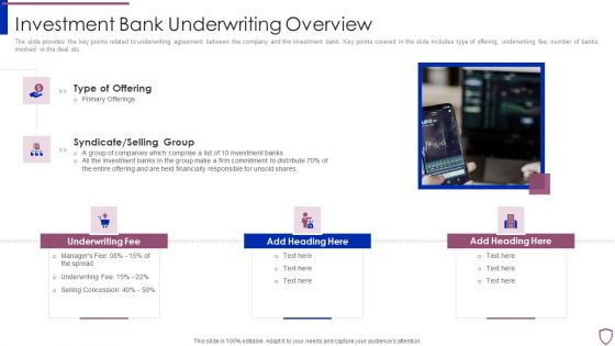 Financing Catalogue For Security Underwriting Agreement Investment Bank Underwriting Overview Slides PDF