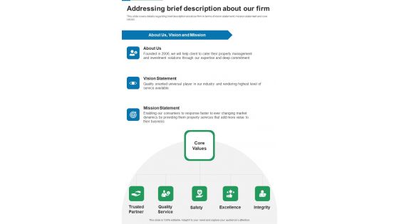 Financing For Real Estate Property Development Addressing Brief Description One Pager Sample Example Document