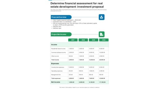 Financing For Real Estate Property Development Determine Financial Assessment For Real Estate One Pager Sample Example Document Financing For Real Estate Property Development Determine Financial Assessment For Real Estate One Pager Sample Example Document