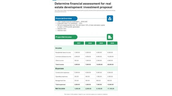 Financing For Real Estate Property Development Determine Financial Assessment For Real Estate One Pager Sample Example Document