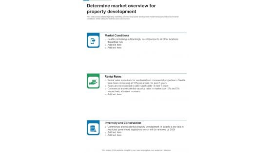 Financing For Real Estate Property Development Determine Market Overview For Property One Pager Sample Example Document