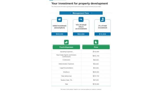 Financing For Real Estate Property Development Your Investment For Property One Pager Sample Example Document Financing For Real Estate Property Development Your Investment For Property One Pager Sample Example Document