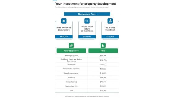 Financing For Real Estate Property Development Your Investment For Property One Pager Sample Example Document