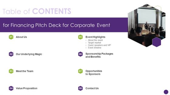 Financing Pitch Deck For Corporate Event Table Of Contents Information PDF