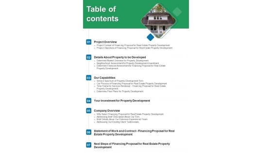 Financing Proposal For Real Estate Property Development Table Of Contents One Pager Sample Example Document Financing Proposal For Real Estate Property Development Table Of Contents One Pager Sample Example Document