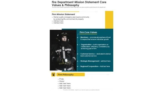 Fire Department Mission Statement Core Values And Philosophy One Pager Documents