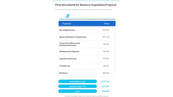 Firm Investment For Business Acquisition Proposal One Pager Sample Example Document Firm Investment For Business Acquisition Proposal One Pager Sample Example Document