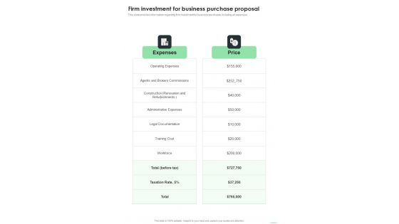 Firm Investment For Business Purchase Proposal One Pager Sample Example Document