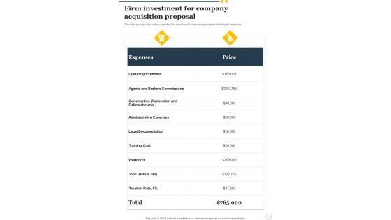 Firm Investment For Company Acquisition Proposal One Pager Sample Example Document