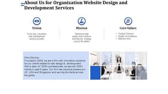 Firm Webpage Builder And Design About Us For Organization Website Design And Development Services Clipart PDF