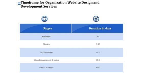 Firm Webpage Builder And Design Timeframe For Organization Website Design And Development Services Mockup PDF