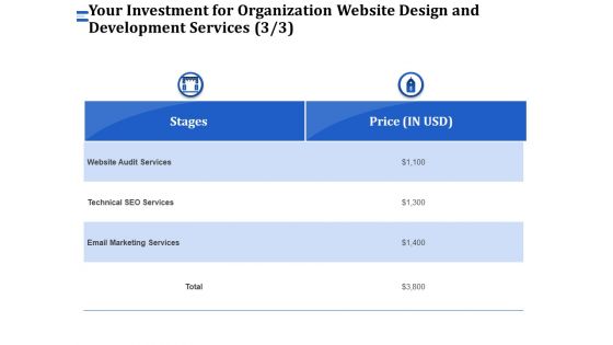 Firm Webpage Builder And Design Your Investment For Organization Website Design And Development Services Price Slides PDF