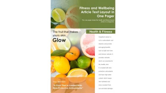 Fitness And Wellbeing Article Text Layout In One Pager PDF Document PPT Template