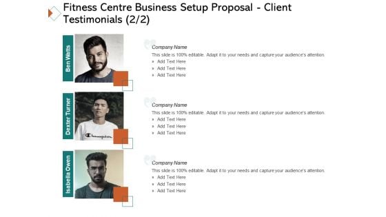 Fitness Centre Business Setup Proposal Client Testimonials Teamwork Ppt Slides Graphics PDF