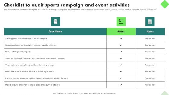 Fitness Product Promotion Campaigns Checklist To Audit Sports Campaign And Event Activities Designs PDF