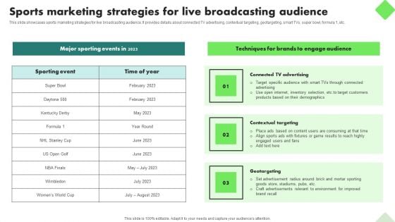 Fitness Product Promotion Campaigns Sports Marketing Strategies For Live Broadcasting Audience Graphics PDF