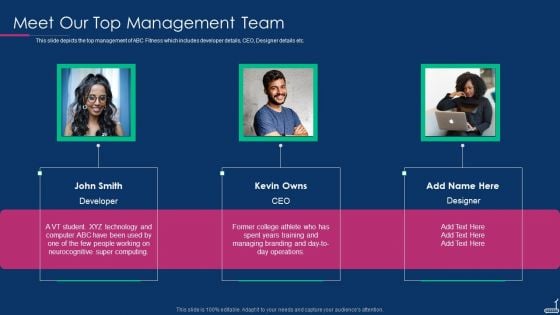 Fitness Tracker App Startup Investor Presentation Meet Our Top Management Team Ideas PDF Fitness Tracker App Startup Investor Presentation Meet Our Top Management Team Ideas PDF