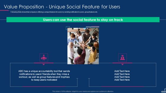 Fitness Tracker App Startup Investor Presentation Value Proposition Unique Social Feature For Users Structure PDF