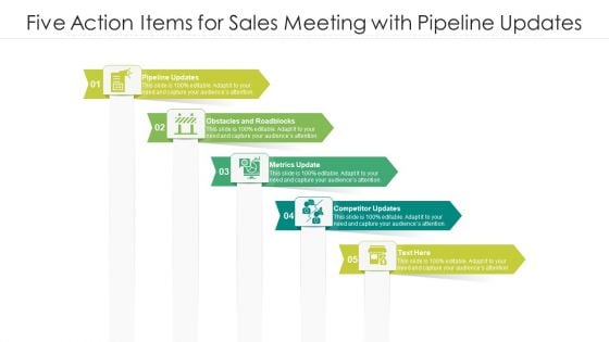 Five Action Items For Sales Meeting With Pipeline Updates Ppt PowerPoint Presentation File Topics PDF