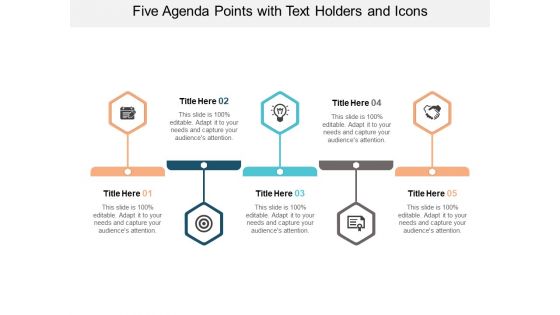 Five Agenda Points With Text Holders And Icons Ppt PowerPoint Presentation Ideas Background
