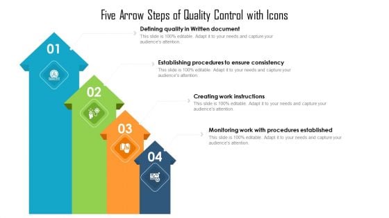 Five Arrow Steps Of Quality Control With Icons Ppt Gallery Design Templates PDF