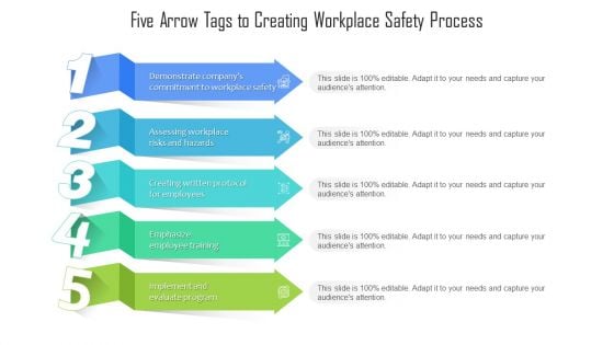 Five Arrow Tags To Creating Workplace Safety Process Ppt PowerPoint Presentation File Infographics PDF